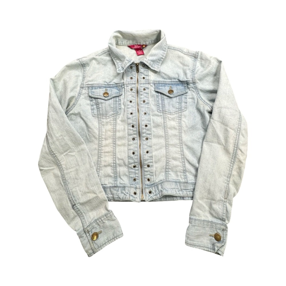 SO Denim Jacket Womens M Light Blue Zip Up Grommet Cropped Long Sleeve Trucker